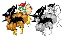 anthro antlers balls bat bent_over big_balls big_breasts big_butt big_penis black_body black_fur boots breasts brown_body brown_nipples butt christmas christmas_clothing christmas_headwear clothing deer duo fangs female footwear fur genitals gloves goudadunn green_body green_fur handwear hat headgear headwear hi_res high_heeled_boots high_heels holidays horn huge_balls lips long_ears male male/female mammal new_world_deer nipples penis reindeer sex shoes simple_background size_difference smaller_male teeth thick_lips white_background witch_hat