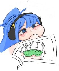 1boy 1girls artist_request blowjob blue_eyes blue_hair brawl_stars cheek_bulge color cute female female_focus gus_(brawl_stars) headphones hetero human janet_(brawl_stars) light_skin looking_at_viewer male male_pov naked naked_male open_eyes oral penis pixiv_link ponytail popstar_janet pov simple_background straight white_background white_hair