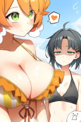 2girls absurdres bikini black_bikini blue_eyes blue_sky breast_envy breasts cat_(nyanko_daisensou) closed_mouth cloud collarbone commentary_request day dress frilled_dress frills green_eyes hair_ornament hairclip heart highres huntress_terun kai_(battle_cats) kai_(nyanko_daisensou) large_breasts multiple_girls n4rai nyanko_daisensou outdoors sky small_breasts spoken_heart striped_bikini striped_clothes swimsuit the_battle_cats vertical-striped_bikini vertical-striped_clothes