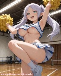1girl :d ai_generated aianoart aqua_eyes arm_up armpits bangs bare_shoulders blush breasts cheering cheerleader crop_top crop_top_overhang earrings elf frieren frieren_beyond_journey's_end green_eyes holding holding_pom_poms indoors jewelry large_breasts leg_up long_hair looking_away midriff miniskirt navel nipple_slip nipples no_bra open_mouth panties pantyshot parted_bangs pleated_skirt pointy_ears pom_pom_(cheerleading) shirt shoes skirt sleeveless sleeveless_shirt smile sneakers socks solo standing standing_on_one_leg stomach sweat thighs twintails underboob underwear white_footwear white_hair white_panties white_skirt white_socks