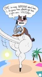 absurd_res aliasing anthro artist_logo artist_name badger badgerclops balls big_penis blush bodily_fluids brown_body brown_countershading cartoon_network claws countershade_face countershading crossbar_emanata curvy_figure dialogue digital_media_(artwork) emanata english_text erection eye_patch eyelashes eyewear fangs femboy fur genitals hi_res huge_penis humanoid_genitalia humanoid_penis hyper hyper_genitalia hyper_penis logo male mammal mao_mao:_heroes_of_pure_heart metal_arm mustelid musteline navel palm_tree penis plant signature small_waist solo speech_bubble sweat sweatdrop teeth text thatdawgmurray thick_thighs tree walking wasp_waist whiskers white_body white_fur wide_hips yellow_sclera