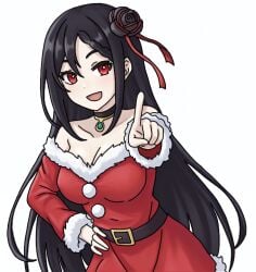 black_hair choker christmas christmas_outfit curyfromzero long_hair oc original_character pointing re:zero_kara_hajimeru_isekai_seikatsu red_eyes smile smiling_at_viewer tagme
