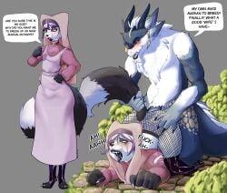 anal anal_penetration anthro breeding_kink canid canine clothing cosplay disney dragon dress english_text fishnet_clothing fishoncrack fox genitals hi_res latex latex_clothing latex_legwear latex_stockings legwear maid_marian male mammal mythological_creature mythological_scalie mythology penetration penis robin_hood_(disney) scalie speech_bubble stockings tail tail_grab text vivica_(akukun)