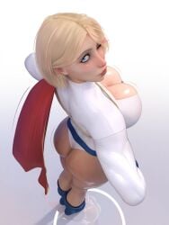 1girl 3d absurdres ass blonde_hair blue_eyes bodysuit cape dc_comics detailed from_behind highres large_breasts looking_back pale_skin popogori red_cape shiny_clothes skin_tight solo supergirl white_bodysuit