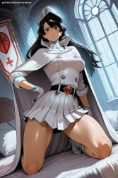 1girl ai_generated bambietta_basterbine bangs belt black_eyes black_hair bleach breasts cape dark_skin gloves hand_on_hip hat hi_res high_collar high_quality high_resolution indoors kneeling large_breasts long_hair looking_at_viewer military military_uniform miniskirt mole patreon pleated_skirt savvyraexo seductive sexy skirt solo uncensored uniform watermark white_legwear window