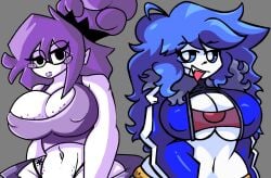 2025 2girls art_collab breasts circular_glasses collaboration female female_only garlan_(haxxar) glasses purple_hair tagme tagme_(artist) tagme_(character) thighs