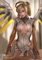 1boy 1girls artist_name backlighting blizzard_entertainment blonde_hair blue_eyes blurry blurry_background bodysuit bottomless breasts cleavage cleavage_cutout clothed_female_nude_male cowgirl_position faulds female freckles gauntlets gloves glowing glowing_wings halo hands_on_another's_hips high_ponytail highres hoobamon indoors large_breasts light_particles long_hair looking_at_viewer lying male mechanical_halo mechanical_wings mercy nude on_back overwatch parted_lips penis pink_lips ponytail power_armor pussy realistic sex signature small_breasts spread_wings straddling straight tied_hair uncensored vaginal_penetration watermark web_address wings yellow_wings