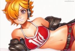 2025 ai_generated artist_name bare_shoulders blonde_hair breasts crazyfishbones female hair_over_one_eye looking_at_viewer midriff navel original smile solo