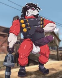 anthro armor balls bandolier barazoku bodily_fluids body_armor boots bottomwear clothed clothed_anthro clothed_male clothing crotch_apron cum cum_drip demoman_(team_fortress_2) detailed_background dripping erection footwear generation_8_pokemon genital_fluids genitals glans gradient_penis grenade_launcher gun hi_res holding_gun holding_object holding_ranged_weapon holding_weapon jack_mercer_(undeadmercer) jumpsuit looking_at_viewer maldu male nintendo obstagoon open_bottomwear open_clothing open_pants outside pants penis pointy_ears pokemon pokemon_(species) presenting presenting_penis ranged_weapon red_bottomwear red_clothing red_jumpsuit red_pants red_sclera screencap screencap_background sharp_teeth shoes smug_grin snout solo sweat sweaty_balls sweaty_genitalia sweaty_penis tail team_fortress_2 teeth valve vein veiny_penis weapon