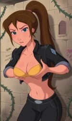 1girls ai_generated ass bigmic145 biker_clothes biker_girl bra breasts cleavage disney disney_princess female female_only groping groping_breasts jacket jane_porter jungle_girl medium_breasts midriff navel pants ponytail sexually_suggestive sleeves_rolled_up solo solo_female stars tarzan_(1999_film) tease teasing