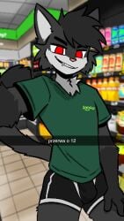 9:16 anthro bottomwear boxer_briefs bulge camera_view caption clothing danny_arctic_(artist) domestic_cat felid feline felis fur grey_body grey_fur hi_res looking_at_viewer male mammal pixelated polish_text red_eyes selfie shirt snapchat solo store teasing teasing_viewer text topwear underwear zabka