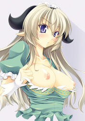 blonde_hair blush breasts chestnut_mouth dress female gekato horns large_breasts long_hair maid_headdress nipples original pointy_ears purple_eyes solo upper_body wristband