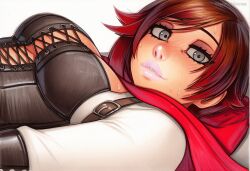 2025 ai_generated artist_name blush breasts brown_hair crazyfishbones female fishnets large_breasts looking_at_viewer red_hair ruby_rose short_hair solo