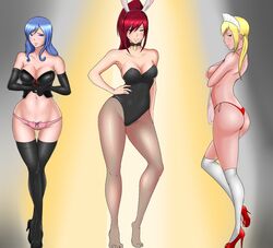 3girls analcapral breasts bunny_ears bunnygirl bunnysuit cleavage erza_scarlet fairy_tail female female_only high_heels juvia_lockser looking_at_viewer lucy_heartfilia panties pantyhose thighhighs