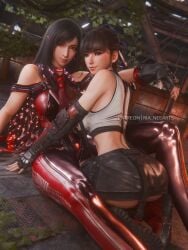 2girls 3d ass big_ass big_breasts black_hair bodysuit breasts cosplay costume_switch crossover eve_(stellar_blade) female female_only final_fantasy final_fantasy_vii multiple_girls outfit_swap red_bodysuit ria-neearts stellar_blade tifa_lockhart