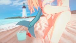 animated beach blonde_hair bottomless bucket crab indie_virtual_youtuber koikatsu lighthouse long_hair nude_male_clothed_female ocean partially_clothed partially_offscreen_character sameko_saba shark_tail standing_sex tagme video virtual_youtuber waist_grab wataamage