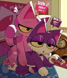 absurd_res anal anal_sex animal_crossing anthro anthro_on_anthro anthro_penetrated anthro_penetrating anthro_penetrating_anthro ass bed bed_sheet bedding bedroom bedroom_eyes black_body black_fur blush blush_lines bob_(animal_crossing) bodily_fluids bored butt_grab collar comedy_central detailed_background distracted distracted_sex doggy_style domestic_cat dripping duo eyeshadow feet felid feline felis from_behind_position fur furniture genital_fluids genitals grabbing_sheets half-closed_eyes hand_on_butt hi_res humanoid_genitalia humanoid_penis kenneth_mccormick makeup male male/male male_penetrated male_penetrating male_penetrating_male mammal markings mistakeharvest motion_lines multicolored_body multicolored_fur narrowed_eyes nintendo nosensebeing nude on_bed onomatopoeia pawpads paws penetration penis plushie poster precum precum_drip punchy_(animal_crossing) purple_body purple_eyeshadow purple_fur seductive sex sound_effects south_park speech_bubble sweat sweatdrop tail tail_markings text tv_remote whiskers white_body white_fur white_penis yellow_eyes