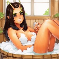 2025 ai_generated artist_name black_hair breasts crazyfishbones female horns long_hair looking_at_viewer nude original pointy_ears solo