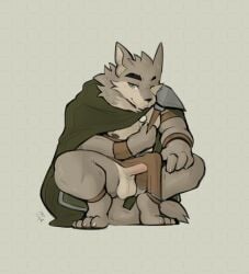 ankle_band anthro armor balls bottomwear canid canine canis cape clothing crouching erection erection_under_loincloth far_beyond_the_world_(series) fur genitals green_cape green_clothing green_eyes grey_body grey_fur hi_res jewelry loincloth male mammal necklace one_eye_closed pauldron penis ranok_(far_beyond_the_world) simple_background solo tohfu wolf wristband