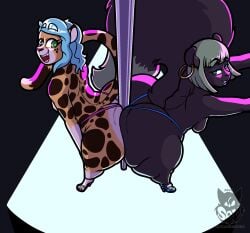 anthro ass ass_to_ass batartcave big_ass blue_hair breasts cheetah clothed clothing ear_piercing ear_ring felid feline female green_hair hi_res huge_butt jade_(batartcave) mammal original original_character original_characters piercing pole ring_piercing rodent sciurid squigga stripper_pole thick_thighs thong topless tree_squirrel underwear
