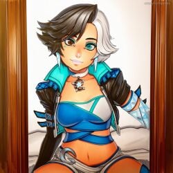 2025 ai_generated artist_name breasts brown_hair cleavage crazyfishbones female gloves looking_at_viewer luna_snow marvel midriff navel short_hair solo