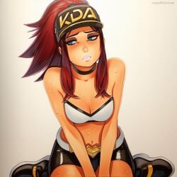 2025 ai_generated akali artist_name blue_eyes blush breasts choker cleavage crazyfishbones female long_hair midriff sitting solo