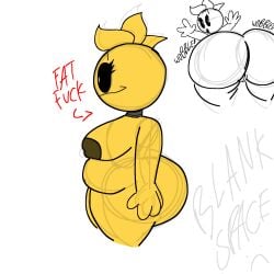 afterdarkcircus arrow_(symbol) black_eyes brown_areola brown_nipples chicken chubby chubby_female label motion_lines onomatopoeia robot robot_girl robot_humanoid side_profile side_view sketch thick_ass thick_thighs toy_chica_(fnaf) white_background white_pupils yellow_skin