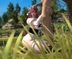 1boy1girl chubby cow_ears cow_horns cow_print female final_fantasy_xiv gpose(ffxiv) hand_on_head huge_ass huge_breasts imminent_oral male outdoor_sex outdoors pale_skin red_eyes red_hair tattoo thick_thighs viera