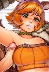 2025 ai_generated animal_ears artist_name bare_shoulders breasts choker crazyfishbones female green_eyes looking_at_viewer orange_hair short_hair solo squirrel_girl_(marvel)