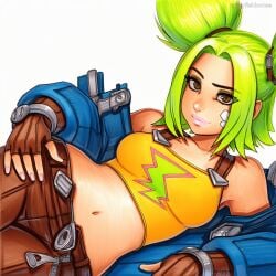 2025 ai_generated artist_name belt breasts crazyfishbones crop_top female gloves green_hair hair_bun midriff navel solo zeri_(league_of_legends)