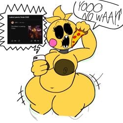 afterdarkcircus black_eyes brown_areola brown_nipples cg5 chicken chubby chubby_female eating_pizza holding_object holding_phone iphone motion_lines pepperoni_pizza pink_cheeks pizza robot robot_girl robot_humanoid thick_ass thick_thighs toy_chica_(fnaf) white_background white_pupils yellow_skin youtube