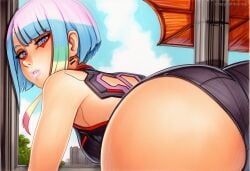 2025 ai_generated artist_name ass blue_hair breasts crazyfishbones female from_behind looking_at_viewer looking_back lucy_(cyberpunk) short_hair solo underwear