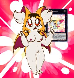 1-upclock anthro baby_tiragon big_ears breasts female fur inner_ear_fluff looking_at_viewer nipples nude open_mouth pussy solo spread_wings standing video_games wings yu-gi-oh!