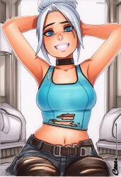2025 ai_generated armpits artist_name belt blue_eyes breasts crazyfishbones female jett_(valorant) midriff navel shorts smile solo