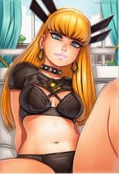 2025 ai_generated artist_name black_bra blonde_hair blue_eyes bra breasts crazyfishbones female long_hair magik_(x-men) panties solo underwear