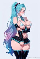 ai_generated aqua_hair aqua_necktie balecxi between_breasts black_sleeves black_thighhighs blue_eyes blush closed_mouth detached_sleeves embarrassed female gradient_hair highleg large_breasts league_of_legends long_hair microskirt multicolored_hair navel necktie_between_breasts patreon_username ponytail seraphine_(league_of_legends) simple_background skindentation skirt solo striped_bikini striped_clothes swimsuit thick_thighs