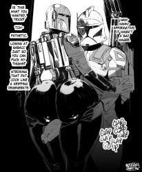 1girl1boy 1girls adoggoart armored_female armored_male ass big_ass big_thighs bounty_hunters clone_trooper clone_trooper_helmet dominant_female female femdom grabbing_ass groping_ass male mandalorian mandalorian_armor mandalorian_helmet star_wars submissive_male thighs venus_body