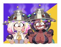 2girls antenna black_hair breasts cleavage double_v drool earrings electricity female female_focus female_only femsub fingerless_gloves gloves grey_hair long_hair marina_(splatoon) megamallet mole multiple_girls multiple_subs nintendo off_the_hook_(splatoon) open_mouth pain pearl_(splatoon) sharp_teeth short_hair signature simple_background smile splatoon splatoon_(series) symbol_in_eyes tagme tears tech_control tongue_out unzipped_jacket v