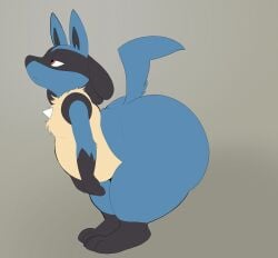 1boy 2025 anthro anthro_only arched_back ass ass_bigger_than_head ass_focus blue_fur bubble_butt furry furry_only huge_ass lucario pokemon pokemon_(species) pokemon_dppt psymen red_eyes shortstack simple_background solo tail thick_thighs