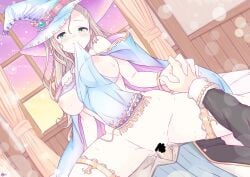 1boy bare_shoulders blush breasts brown_hair commentary_request cowgirl_position earrings female forehead green_eyes hat highres indoors interlocked_fingers iris_mysteria! jewelry k_(nura-rikuo) large_breasts long_hair mouth_hold nipples raised_inner_eyebrows sex straddling will_(iris_mysteria!) witch_hat