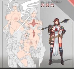 armor blue_eyes breasts female huge_weapon long_hair nipples nude sword weapon
