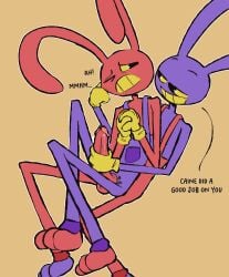 absurd_res anthro balls blush bodily_fluids canid canine clone clothed clothing digital_media_(artwork) duo english_text erection genital_fluids genitals glitch_productions gloves handjob handwear hi_res humanoid humanoid_genitalia humanoid_penis jax_(tadc) lagomorph leporid male male/male mammal notsafeforwanking nude penile penis purple_body rabbit sex shy simple_background smile teeth text the_amazing_digital_circus
