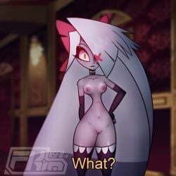 1_eye angel blush breasts casual_exposure detailed_background dialogue exhibitionism female fkimnsfw grey_body hair hazbin_hotel nipples pussy standing thick_thighs vaggie_(hazbin_hotel) white_hair