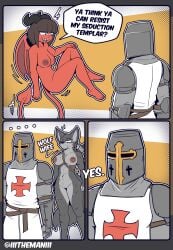 2025 abs absurd_res anthro armor ass canid canine canis comic cross demon demon_humanoid english_text eye_scar facial_scar female fluffy fur genitals grey_body grey_fur group hi_res horn humanoid knight male mammal melee_weapon muscular muscular_anthro muscular_female nipples nude question_mark red_body scar sharp_teeth standing sword teeth templar text the_man vulva warrior weapon wolf
