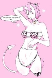 cow_print cow_print_bikini oc original_character pink_eyes pink_hair succubus succubus_horns succubus_tail the_pink_succubus vinny_bonnet white_body