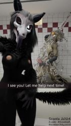 3d_(artwork) 9:16 absurd_res anthro avian bathing bird digital_media_(artwork) duo female genitals hi_res long_tongue male nude owl penis pussy scoota scp-1471-a scp_foundation selfie showering tapering_penis text tongue tongue_out url vulva water