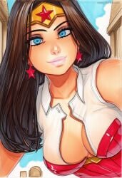 2025 ai_generated artist_name blue_eyes breasts brown_hair cleavage crazyfishbones dc dc_comics female large_breasts lips long_hair looking_at_viewer solo star_earrings wonder_woman wonder_woman_(series)