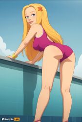 1girls ai_generated artist_name ass big_mouth_(tv_series) big_mouth_(universe) blonde_hair blue_eyes blue_sky bracelet breasts day flower from_behind hair_flower hair_ornament hi_res jewelry kneepits leah_birch leaning_forward lips long_hair looking_at_viewer looking_back medium_breasts netflix one-piece_swimsuit outdoors pink_one-piece_swimsuit rule34lab sky smile solo standing swimsuit