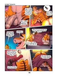 3:4 absurd_res anthro balls barazoku biped closed_eyes dildo duo english_text erection eyebrows felid fingers genitals glans hi_res humanoid_genitalia humanoid_penis male male/male mammal multicolored_body nude_anthro nude_male pantherine penis sex_toy tail teeth text tiger tongue zourik