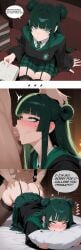 1boy 1girls ai_generated apologizing blush clothed_female_nude_male deepthroat doggy_style dominant_male domination eyes_rolling_back female garter_straps grabbing_hair green_eyes green_hair harry_potter hogwarts hogwarts_legacy light-skinned_female light-skinned_male light_skin male multiple_images oral school_uniform schoolgirl sex sloppy_blowjob slytherin slytherin_tie stockings straight submissive_female text_bubble